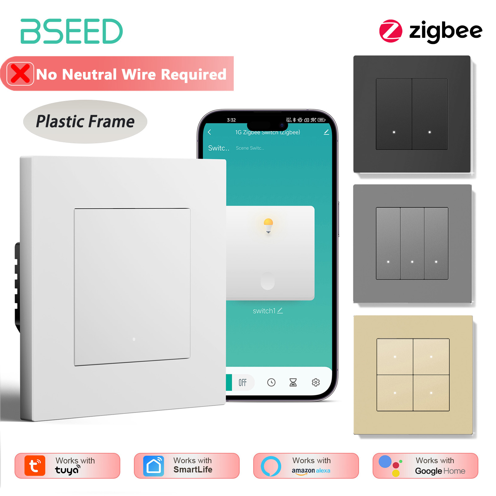 Tuya 4 Channel - Interruptor de Luz Zigbee BSEED de